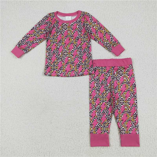 11.25 RTS NO MOQ （In stock）Matching GLP2393 Baby Girls Long Sleeves Pink Lightning Leopard Top Pant Pajamas Sets
