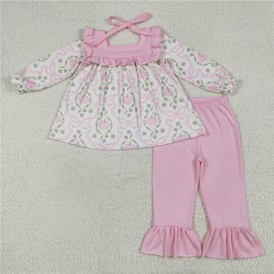 11.13 RTS NO MOQ （In stock）Matching GLP2397 Baby Girls Fall Pumpkins Bows Plaid Tunic Pink Ruffle Pant Sets