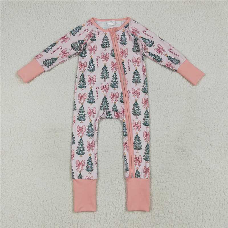 11.28 RTS NO MOQ （In stock）LR2283 Baby Girls Christmas Tree Pink Bows Zipper Footie Rompers