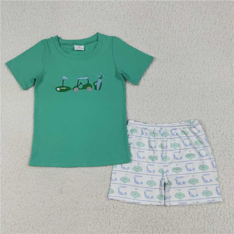 12.16 RTS NO MOQ （In stock）Matching BSSO1540 Embroidery Baby Boys Green Short Sleeves Golf Truck Top Short Sets