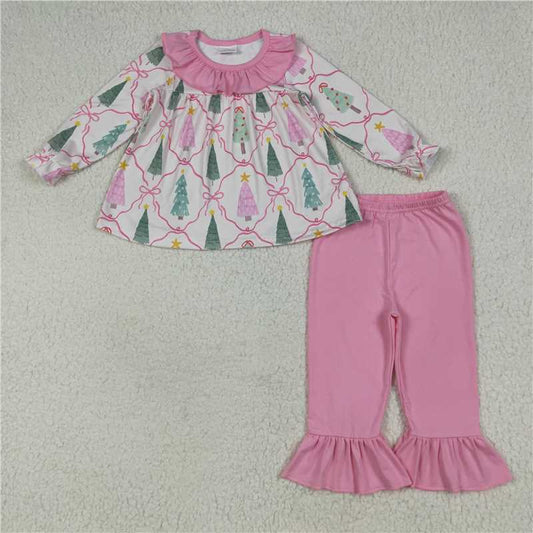 12.6 RTS NO MOQ （In stock）GLP2420 Baby Girls Long Sleeves Trees Bows Plaid Tunic Ruffle Pant Sets