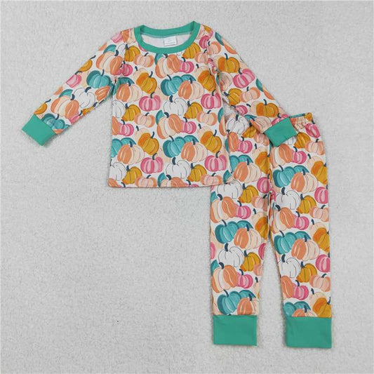 10.27 RTS NO MOQ （In stock） Matching GLP2691 Baby Girls Colorful Pumpkins Fall Top Pant Fall Pajamas Sets