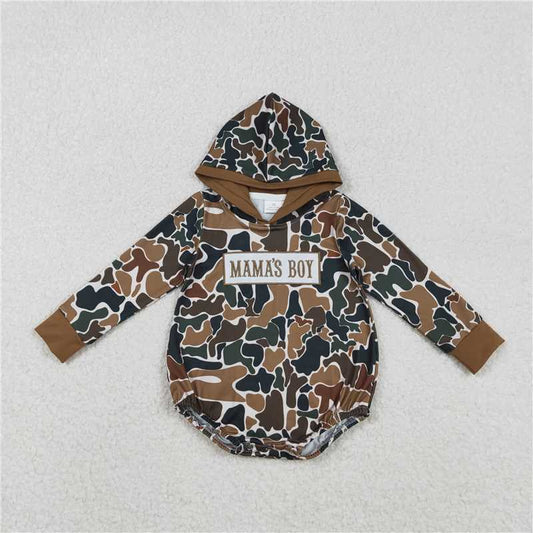 USA Warehouse (IN STOCK) LR2796 Embroidery Mama's Boy Baby Boys Dark Brown Camo Hoodie Rompers