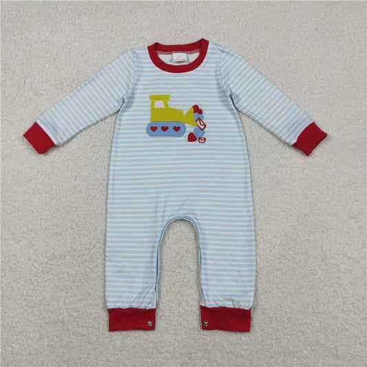 12.2 RTS NO MOQ （In stock）Matching Valentines LR2708 Embroidery Hearts Excavator Baby Boys Blue Stripe Valentines Footie Rompers