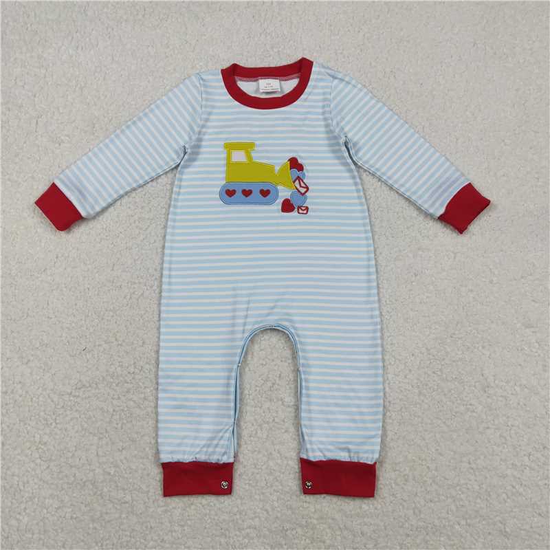 12.16 RTS NO MOQ （In stock）LR2708 Embroidery Hearts Excavator Baby Boys Blue Stripe Valentines Footie Rompers