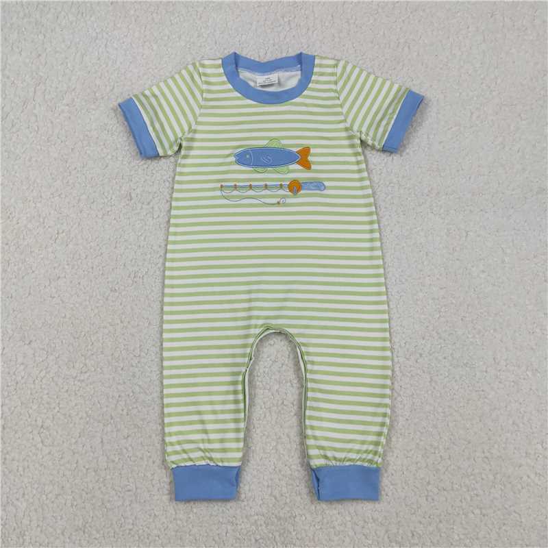 12.15 RTS Sibling Baby Boys Embroidery Fishing Stripe Top Pockets Pant Hunting Clothes Sets Footie Romper