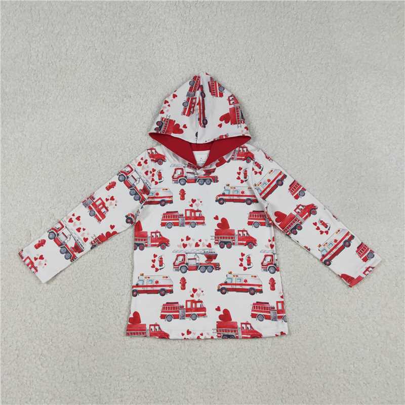 12.17 RTS NO MOQ （In stock）BT1512 Baby Boys Hearts Fire Trucks Valentines Hoodies Top