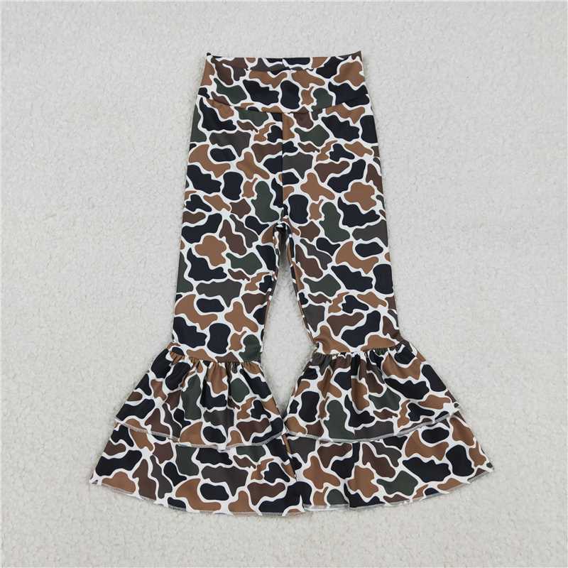12.20 RTS NO MOQ （In stock）Matching P0887 Baby Girls Southern Dark Brown Camo Yoga Active Ruffle Bell Bottom Pants