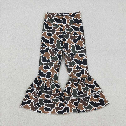12.20 RTS NO MOQ （In stock）Matching P0887 Baby Girls Southern Dark Brown Camo Yoga Active Ruffle Bell Bottom Pants