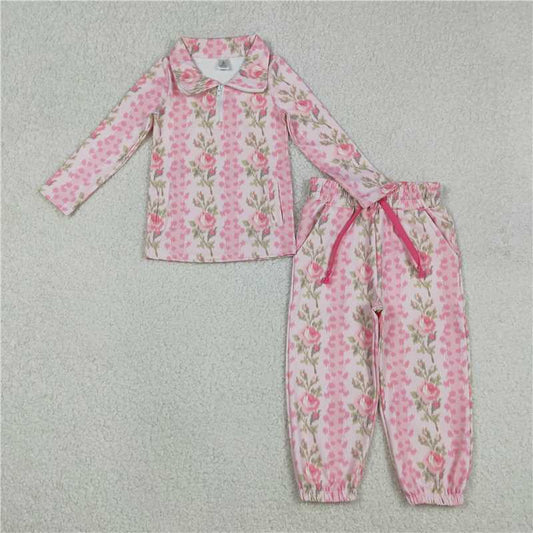 12.26 RST GLP2940 Baby Girls Pink Flowers Stripe Pockets Zipper Pullovers Jogger Yoga Active Clothes Set