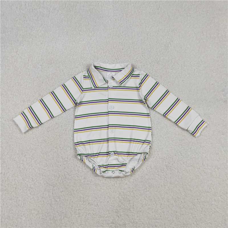 12.20 RTS NO MOQ （In stock）LR2880 Baby Boys Long Sleeve Mardigras Stripe Button Rompers