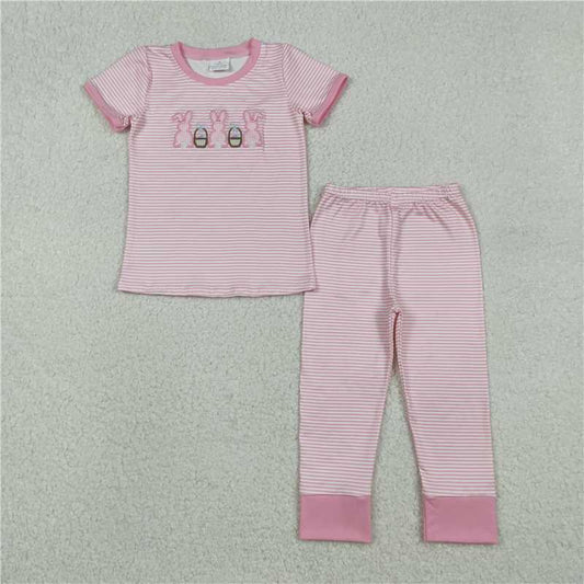 12.23 RTS NO MOQ （In stock）GSPO2117 Embroidery Rabbits Eggs Baby Girls Pink Stripe Top Pants Easter Pajamas Sets