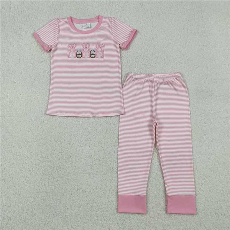 12.27 RTS NO MOQ （In stock）Matching Easter GSPO2117 Embroidery Rabbits Eggs Baby Girls Pink Stripe Top Pants Easter Pajamas Sets
