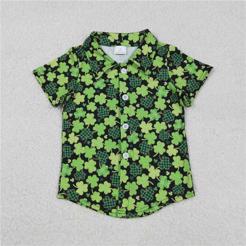 12.22 RTS NO MOQ （In stock）BT1455 Baby Boys Green Clovers Button St Patrick Shirts Top