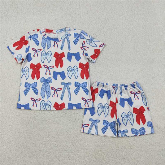 1.6 RTS NO MOQ （In stock）GSSO2772 4th of July Baby Girls Blue Red Bows Top Shorts 4th of July Pajamas Clothes Sets