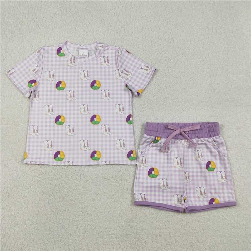 12.13 RTS NO MOQ （In stock）Matching Mardigras GSSO2740 Baby Girls Mardigras Boot Donuts Checked Top Pockets Shorts Clothes Sets