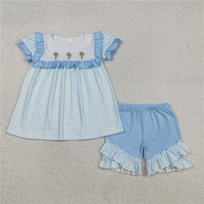 12.25 RTS NO MOQ （In stock）GSSO2718 Embroidery Crosses Baby Girls Blue Checked Tunic Ruffle Shorts Easter Clothes Sets