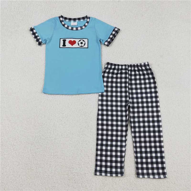 12.19 RST Sibling Baby Boys Embroidery I Love Balls Top Checked Pants Team Clothes Set