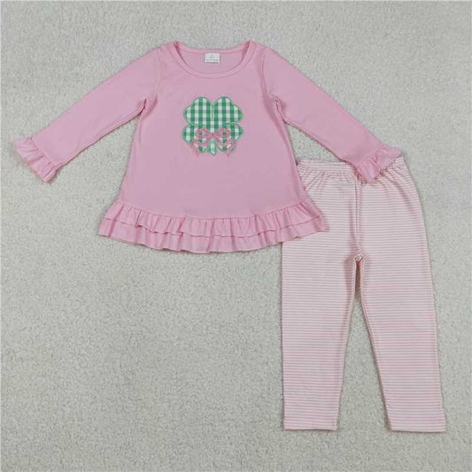 12.22 RTS NO MOQ （In stock）GLP2210 Embroidery Bow Clovers Baby Girls Tunic Stripe Leggings St Patrick Clothes Sets