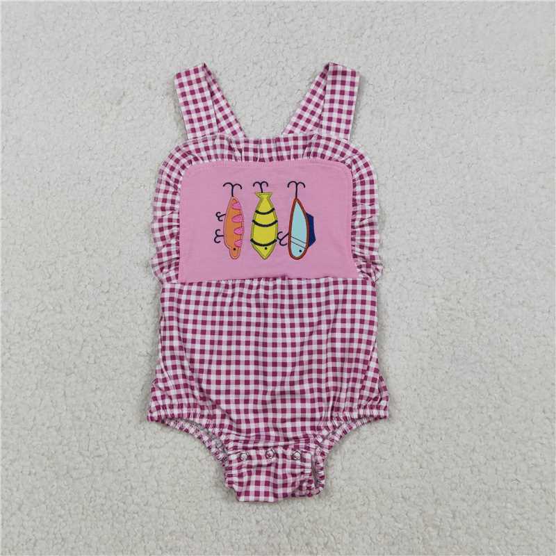 12.26 RTS NO MOQ （In stock）Matching SR3414 Embroidery Fishing Baby Girls Pink Checked Strap Checked Hunting Ruffle Rompers