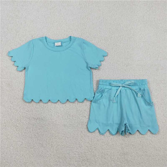 USA Warehouse (IN STOCK) GSSO3180 Short sleeves aqua scallop top shorts girls summer outfit