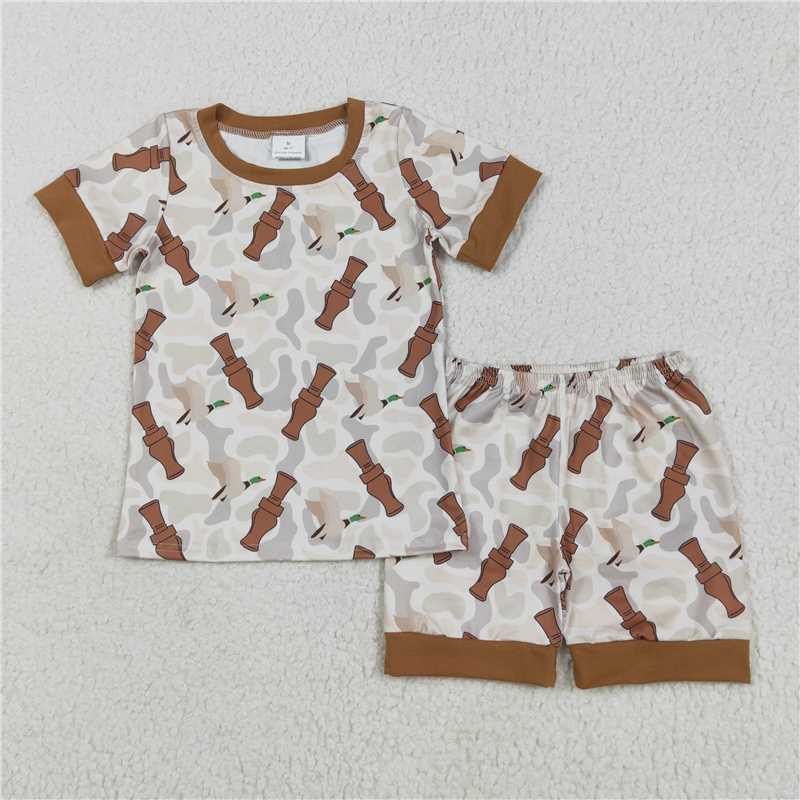12.25 RTS NO MOQ （In stock）Matching BSSO1324 Baby Boys Khaki Camo Ducks Calls Top Shorts Pajamas Sets