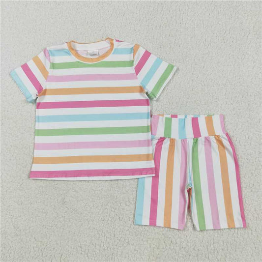 12.17 RTS NO MOQ （In stock）Matching GSSO2468 Baby Girls Colorful Stripes Top Short Pajamas Sets