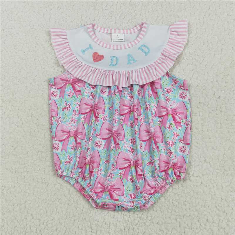 11.5 RTS NO MOQ （In stock）Matching SR3089 Embroidery Baby Girls Pink I Love Dad Bows Floral Ruffle Rompers