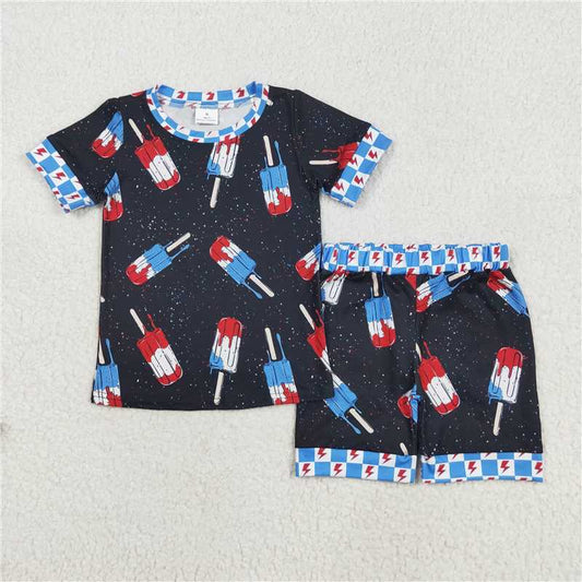 1.7 RTS NO MOQ （In stock）BSSO1401 4th of July Baby Boys Black Short Sleeves Popsicle Shirt Shorts 4th Of July Pajamas Sets