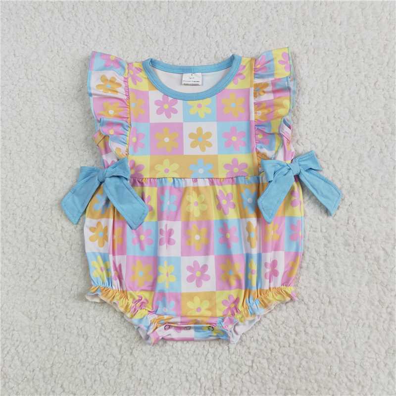 12.17 RTS NO MOQ （In stock）Matching SR3090 Baby Girls Flutter Sleeves Bows Flowers Plaid Ruffle Rompers