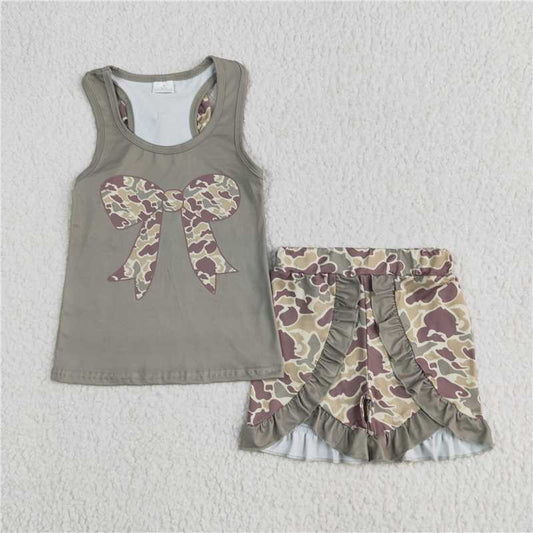 12.15 RTS NO MOQ （In stock）Matching GSSO1629 Baby Girls Dark Green Bows Vest Ruffle Shorts Clothes Sets