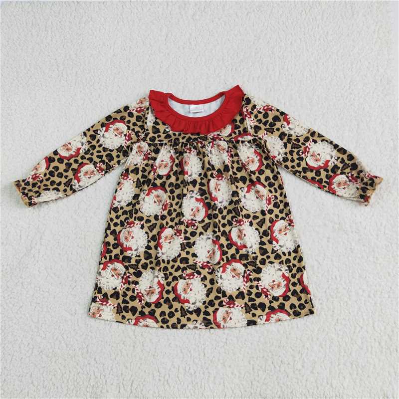11.20 RTS NO MOQ （In stock）GLD1065 Baby Girls Christmas Santa Leopard Knee Length Dresses