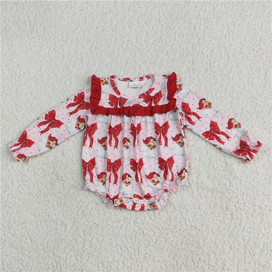 11.29 RTS NO MOQ （In stock）LR2210 Baby Girls Christmas Red Santa Bows Ruffle Rompers