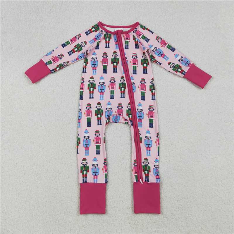 11.11 RTS NO MOQ （In stock）Matching Christmas LR2598 Christmas Baby Zip Romper Soft Holiday Pink Soilder