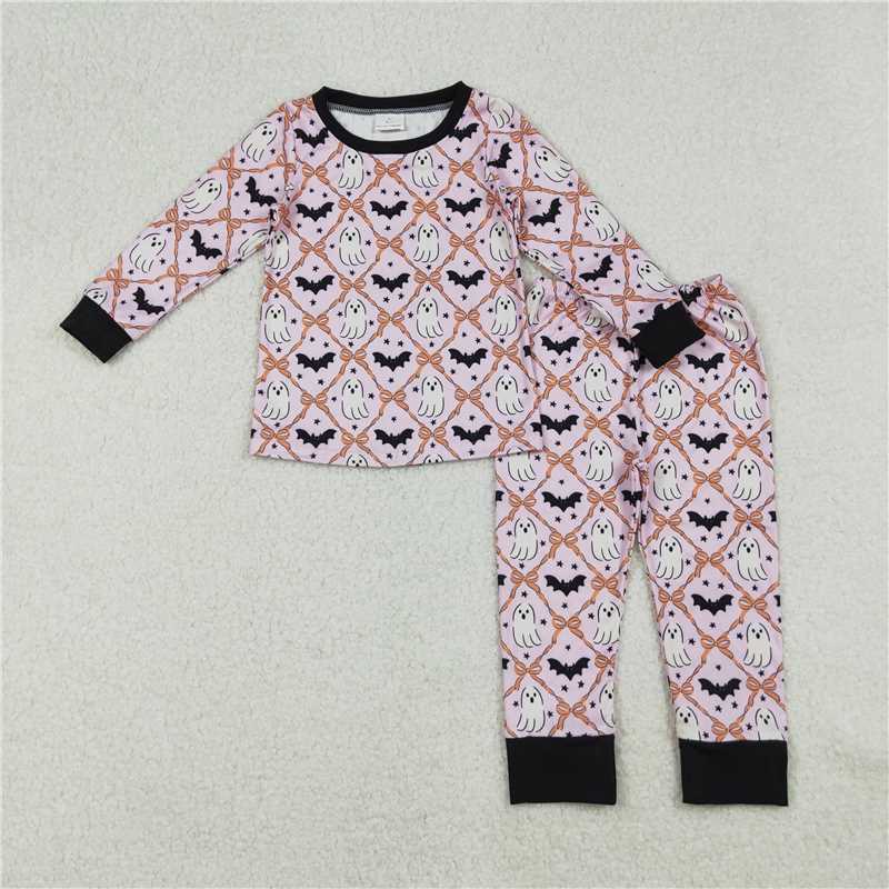 12.1 RTS NO MOQ （In stock）Matching GLP2639 Baby Girls Long Sleeves Bows Bats Ghosts Plaid Top Pant Pajamas Set