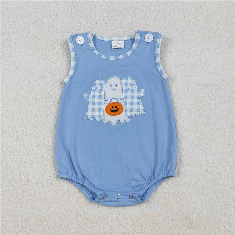 11.5 RTS NO MOQ （In stock）Matching Halloween SR3197 Embroidery Baby Boys Blue Ghost Pumpkins Halloween Rompers