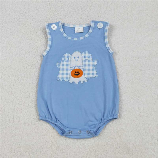 11.5 RTS NO MOQ （In stock）Matching Halloween SR3197 Embroidery Baby Boys Blue Ghost Pumpkins Halloween Rompers