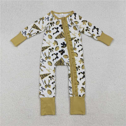 10.18 RTS NO MOQ （In stock） Matching LR2515 Baby Girls Golden Bows Footballs Ruffle Zipper Team Rompers