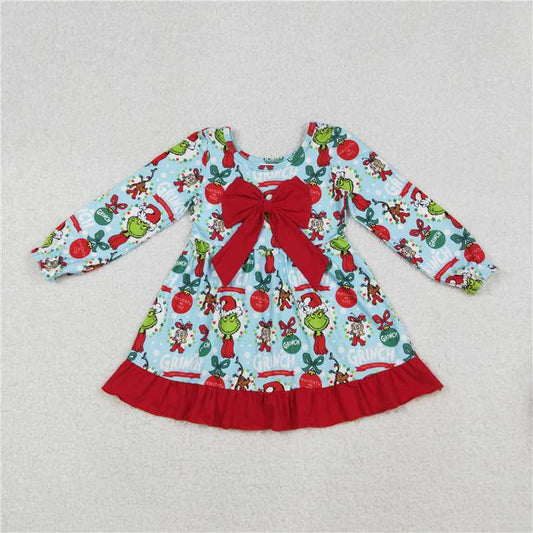 11.29 RTS NO MOQ （In stock）Matching Christmas GLD1269 Baby Girls Christmas Green Face Bows Holly Big Bow Knee Length Dresses