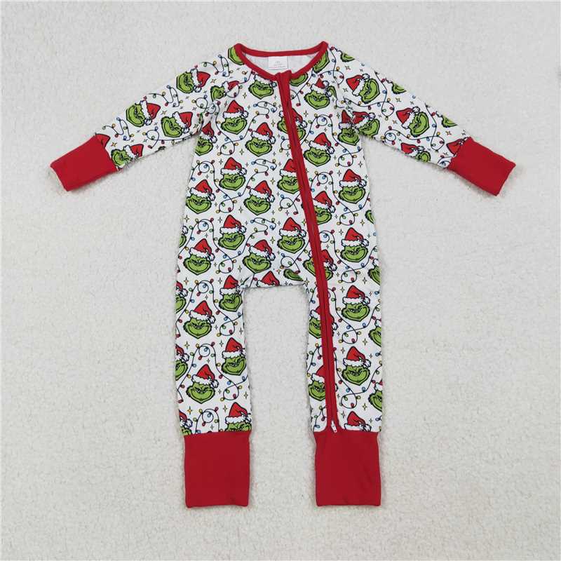 10.28 RTS NO MOQ （In stock）Matching Christmas LR2574 Baby Boys Christmas Lights Green Face Plaid Zipper Footie Rompers