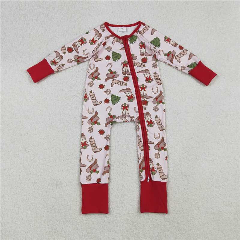 11.11 RTS NO MOQ （In stock）Matching Christmas LR2584 Baby Girls Holly Boots Christmas Zipper Footie Rompers
