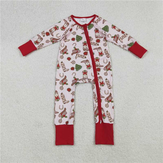 11.27 RTS NO MOQ （In stock）LR2584 Baby Girls Holly Boots Christmas Zipper Footie Rompers