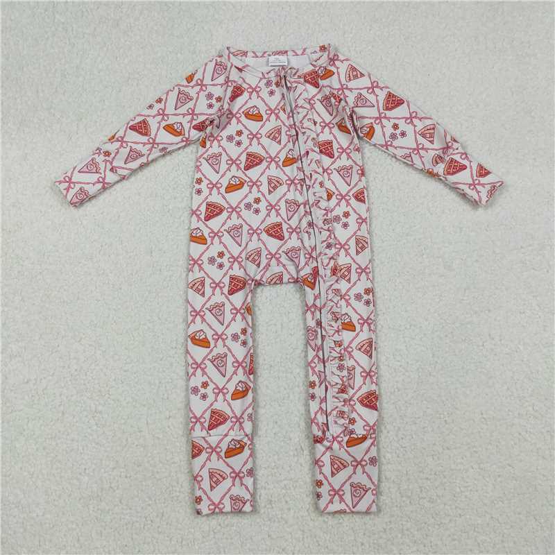 12.6 RTS NO MOQ （In stock）Matching LR2594 Baby Girls Pink Bows Thanksgiving Cake Fall Zipper Footie Rompers
