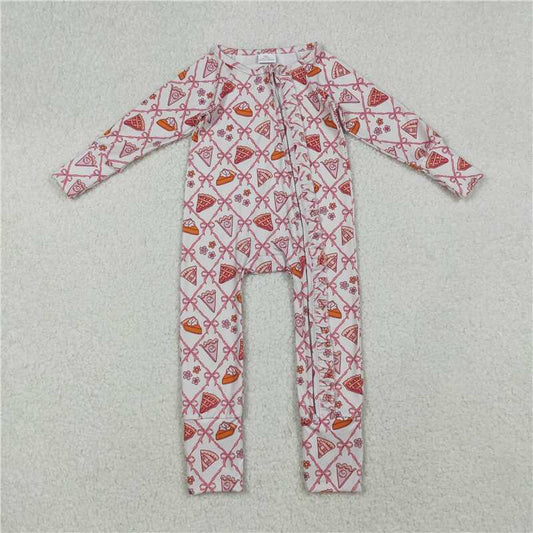 12.6 RTS NO MOQ （In stock）Matching LR2594 Baby Girls Pink Bows Thanksgiving Cake Fall Zipper Footie Rompers