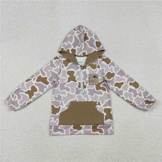 11.3 RTS NO MOQ （In stock）Matching BT1302 Embroidery Dog Duck Baby Boys Camo Pocket Zipper Hunting Hoodies Top