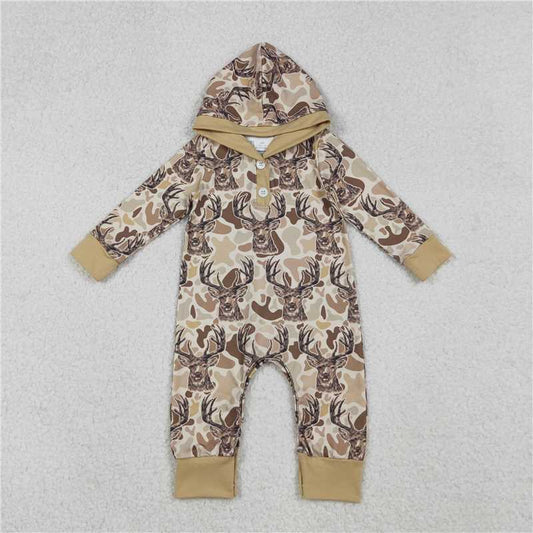 10.30 RTS NO MOQ （In stock）Matching LR2593 Baby Boys Khaki Camo Deer Button Hoodie Hunting Rompers
