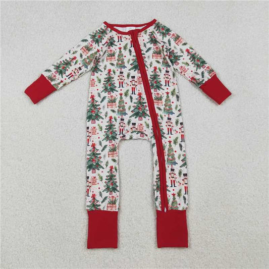 11.27 RTS NO MOQ （In stock）LR2507 Baby Boys Christmas Trees Soldiers Zipper Footie Rompers