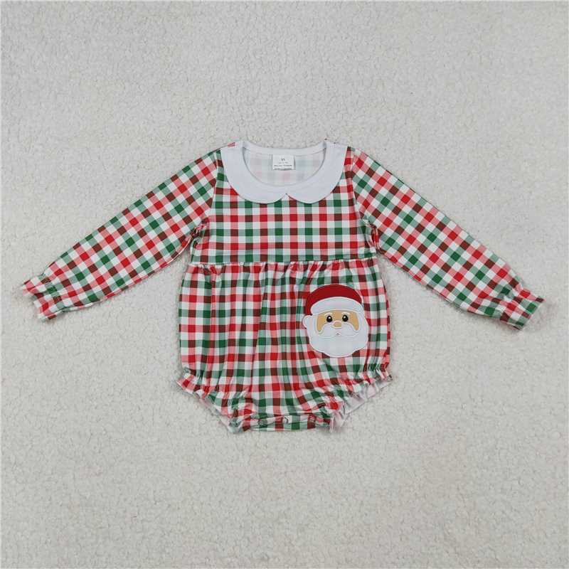 10.28 RTS NO MOQ （In stock）Matching Christmas LR2357 Embroidery Santa Baby Girls Red Green Checked Ruffle Collar Rompers