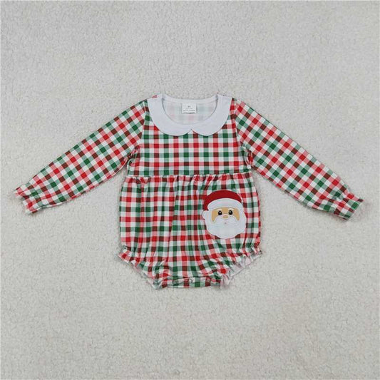 10.28 RTS NO MOQ （In stock）Matching Christmas LR2357 Embroidery Santa Baby Girls Red Green Checked Ruffle Collar Rompers