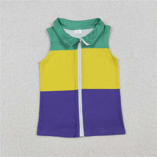 12.19 RTS NO MOQ （In stock）BT1157 Baby Boys Sleeveless Mardigras Patchwork Zip Tops Vests